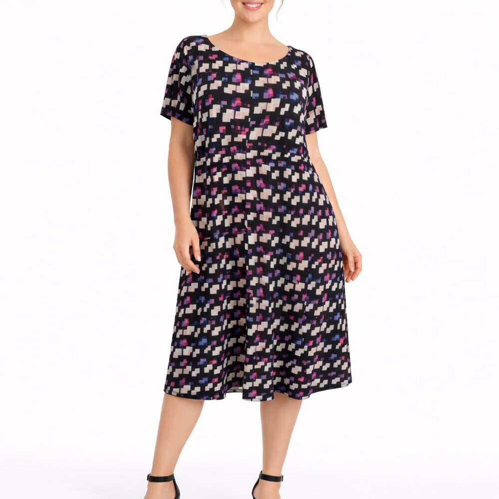 Laura Jeffries Geo Print Midi Dress 20W Stretch Short Sleeve Swing Pull On Easy